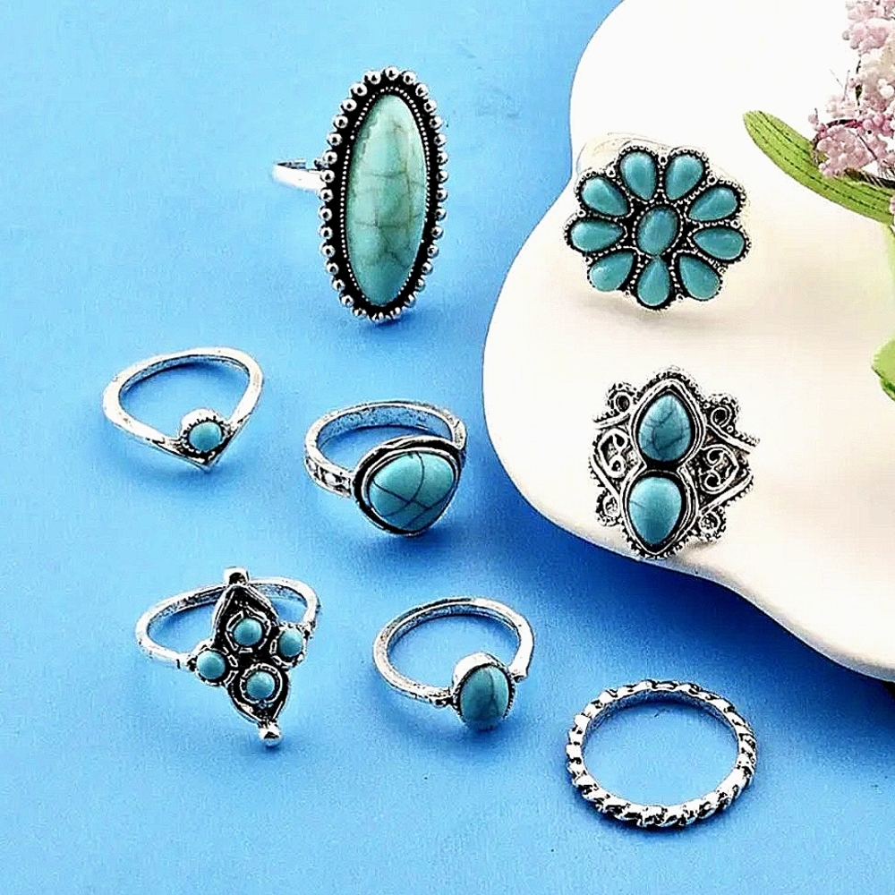 Bohemian Silvery Blue White Ring Set Size 5-10 - Picture 3 of 7